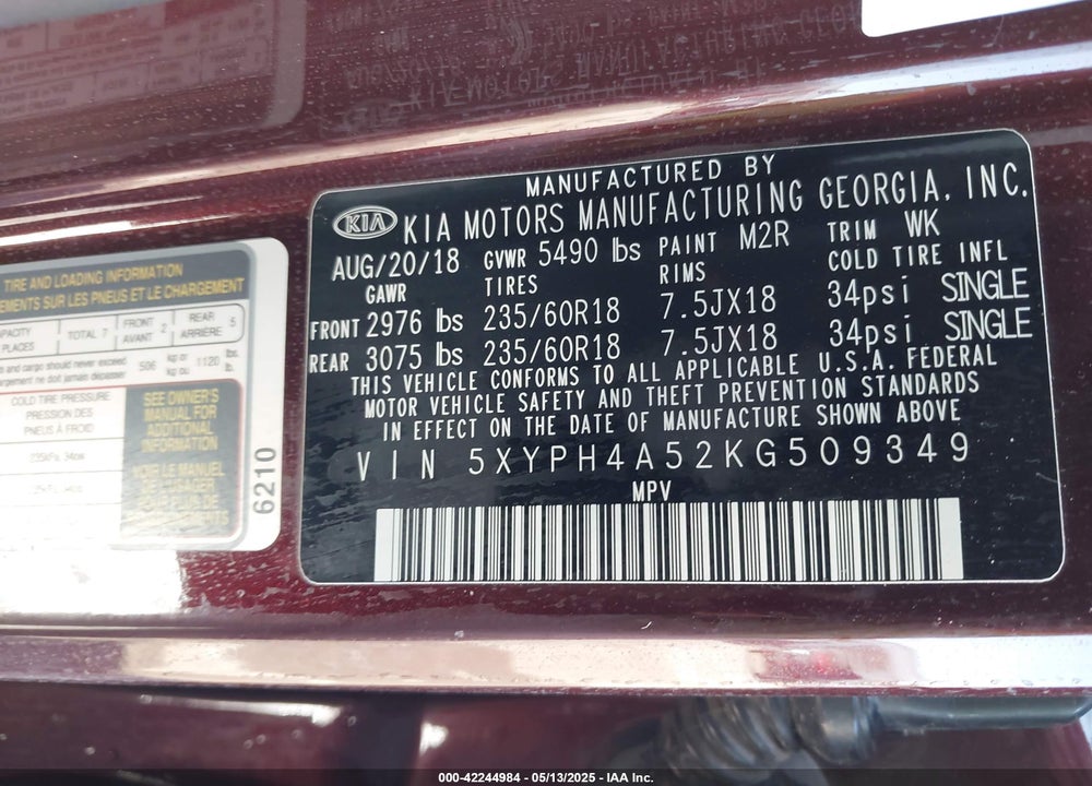 2019 KIA SORENTO VIN: 5XYPH4A52KG509349