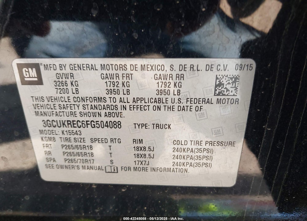 2015 CHEVROLET SILVERADO 1500 VIN: 3GCUKREC6FG504088