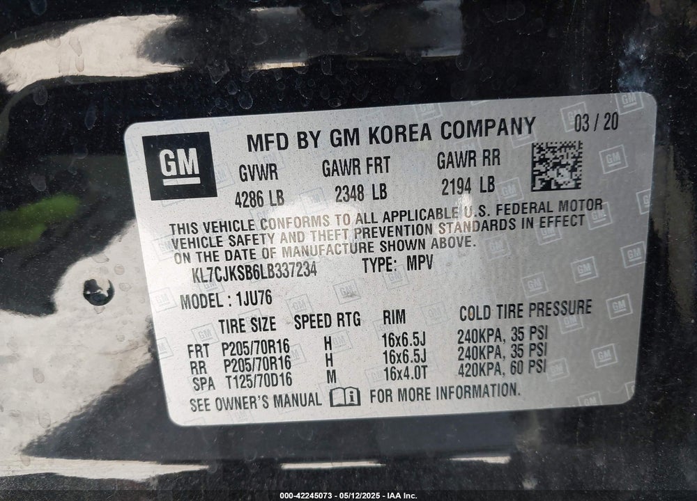 2020 CHEVROLET TRAX VIN: KL7CJKSB6LB337234