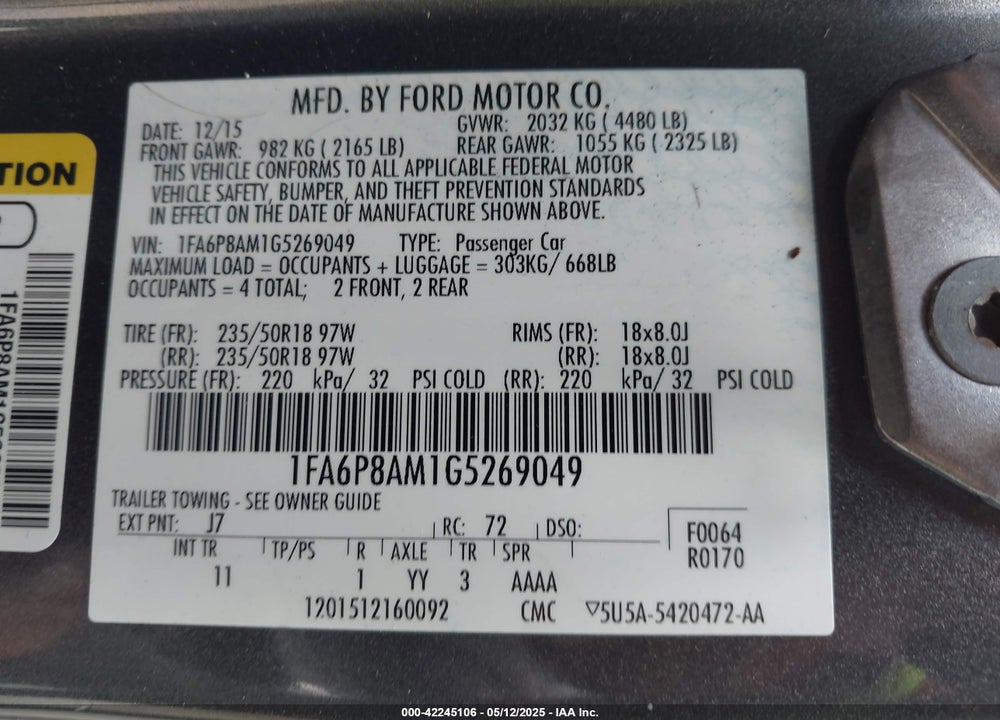 2016 FORD MUSTANG VIN: 1FA6P8AM1G5269049