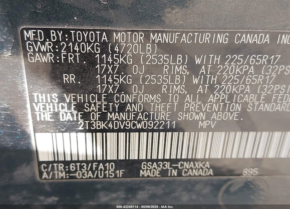 2012 TOYOTA RAV4 BASE V6 VIN: 2T3BK4DV9CW092211