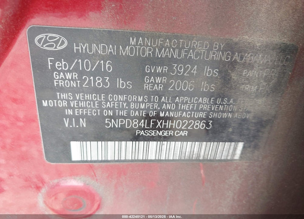 2017 HYUNDAI ELANTRA VIN: 5NPD84LFXHH022863