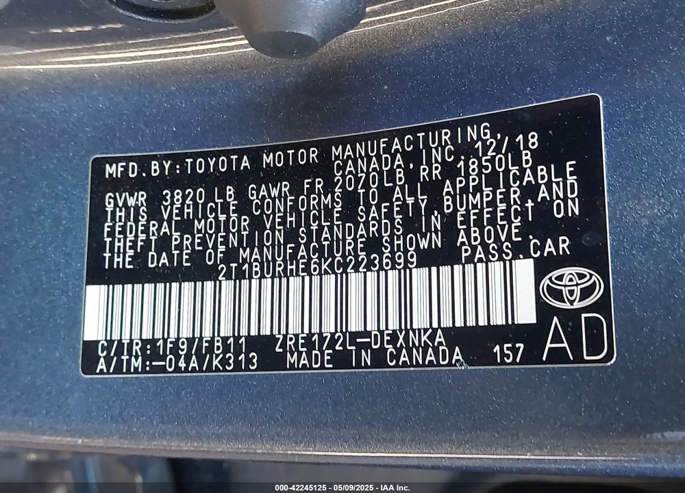 2019 TOYOTA COROLLA LE VIN: 2T1BURHE6KC223699