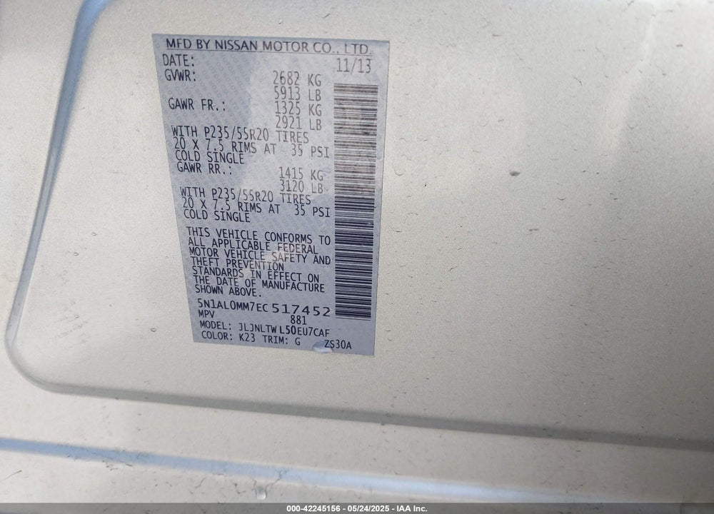 2014 INFINITI QX60 VIN: 5N1AL0MM7EC517452