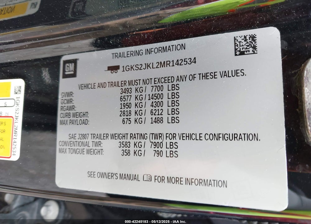2021 GMC YUKON XL 4WD DENALI VIN: 1GKS2JKL2MR142534