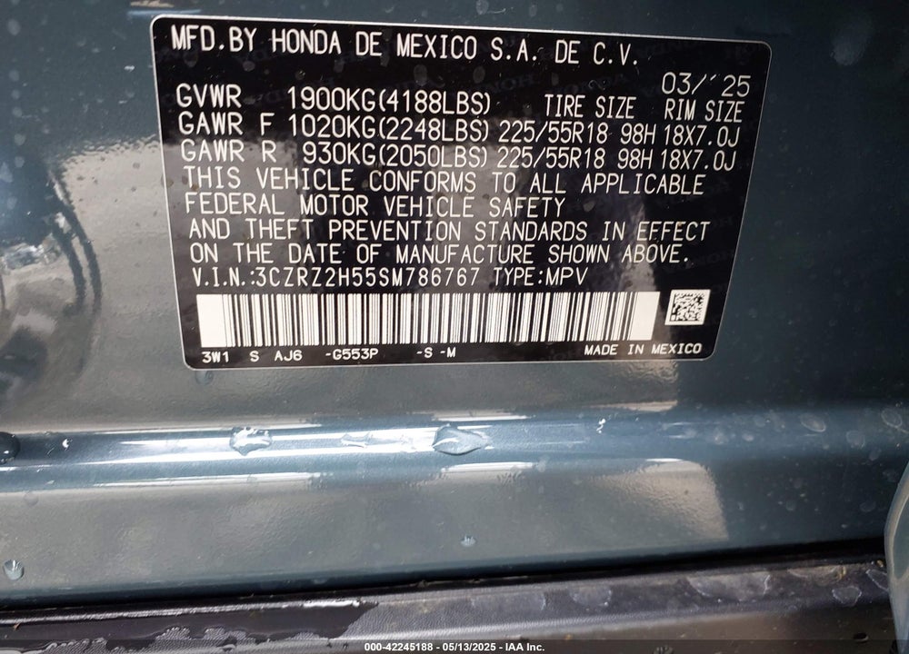 2025 HONDA HR-V VIN: 3CZRZ2H55SM786767