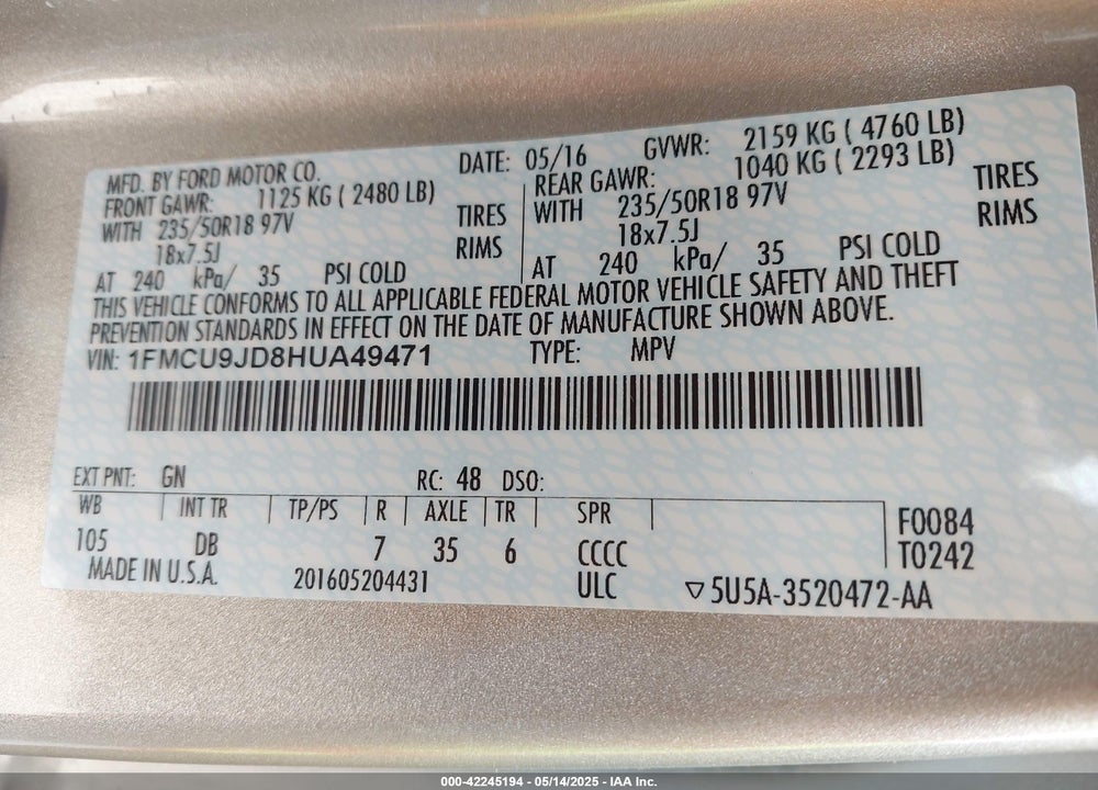 2017 FORD ESCAPE VIN: 1FMCU9JD8HUA49471
