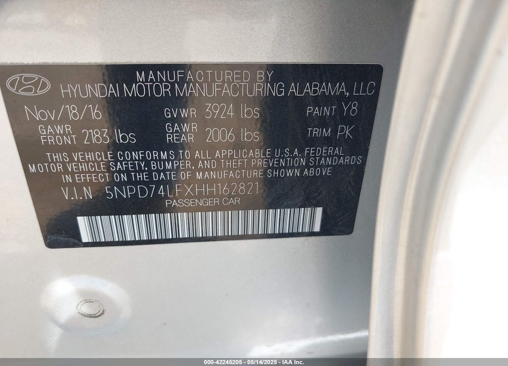 2017 HYUNDAI ELANTRA VIN: 5NPD74LFXHH162821