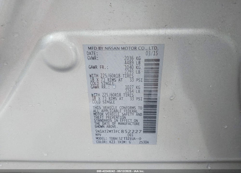 2015 NISSAN ROGUE SL VIN: 5N1AT2MT3FC852227