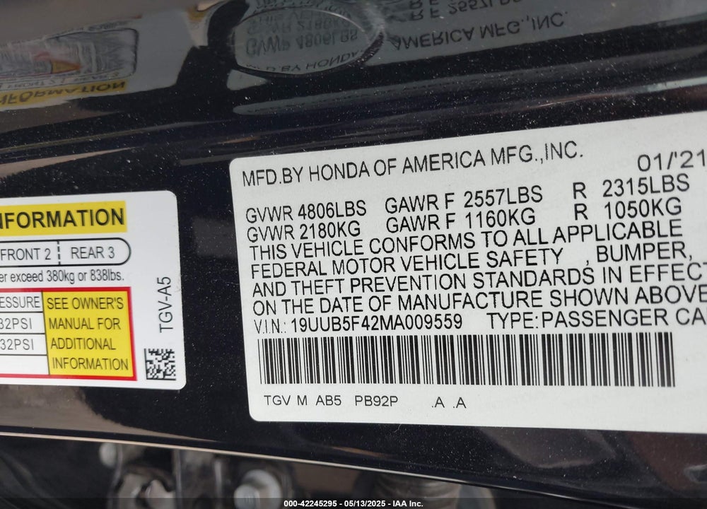 2021 ACURA TLX VIN: 19UUB5F42MA009559