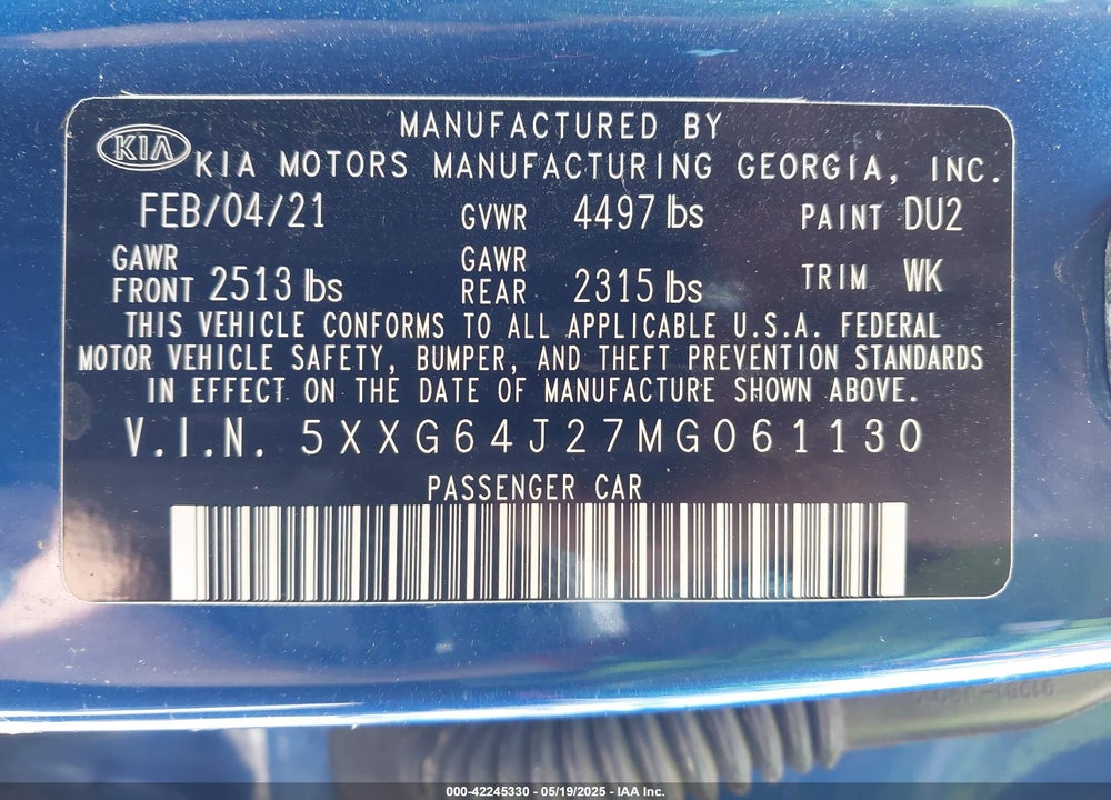 2021 KIA K5 VIN: 5XXG64J27MG061130
