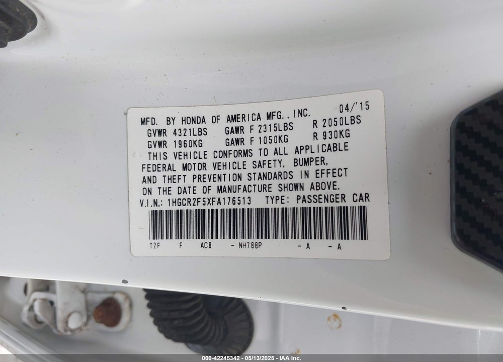 2015 HONDA ACCORD VIN: 1HGCR2F5XFA176513