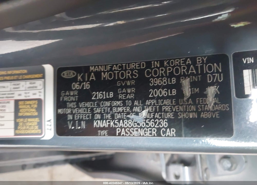 2016 KIA FORTE VIN: KNAFK5A88G5656236