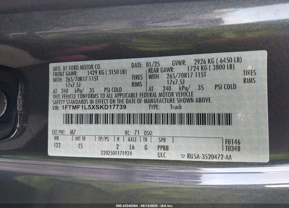 2025 FORD F-150 VIN: 1FTMF1L5XSKD17739