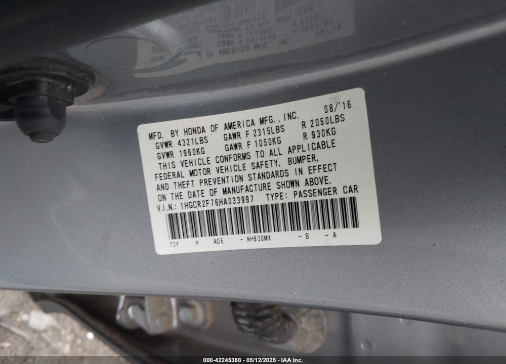 2017 HONDA ACCORD VIN: 1HGCR2F76HA033997