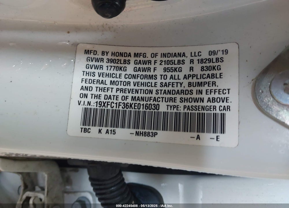 2019 HONDA CIVIC EX VIN: 19XFC1F36KE016030