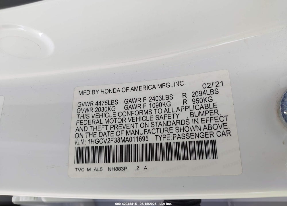 2021 HONDA ACCORD SPORT 2.0T VIN: 1HGCV2F38MA011695