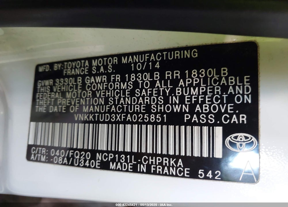 2015 TOYOTA YARIS L VIN: VNKKTUD3XFA025851