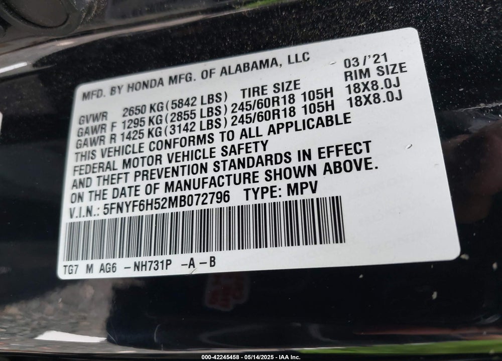 2021 HONDA PILOT VIN: 5FNYF6H52MB072796
