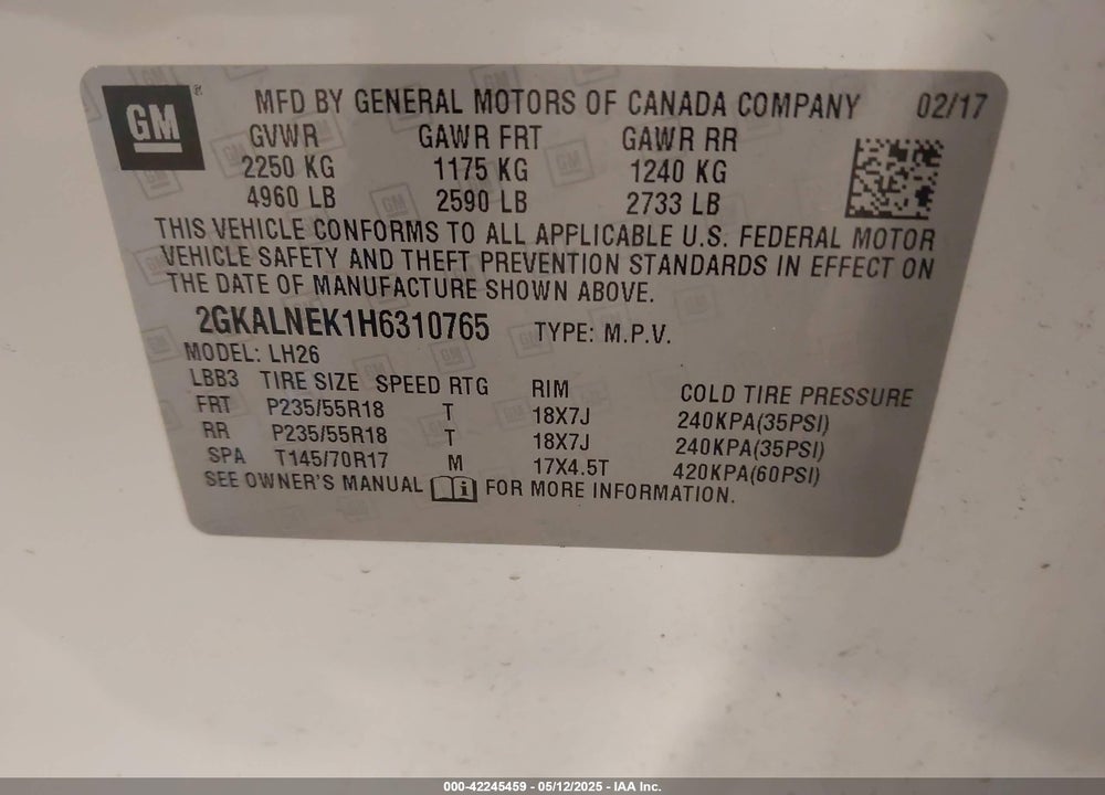 2017 GMC TERRAIN VIN: 2GKALNEK1H6310765