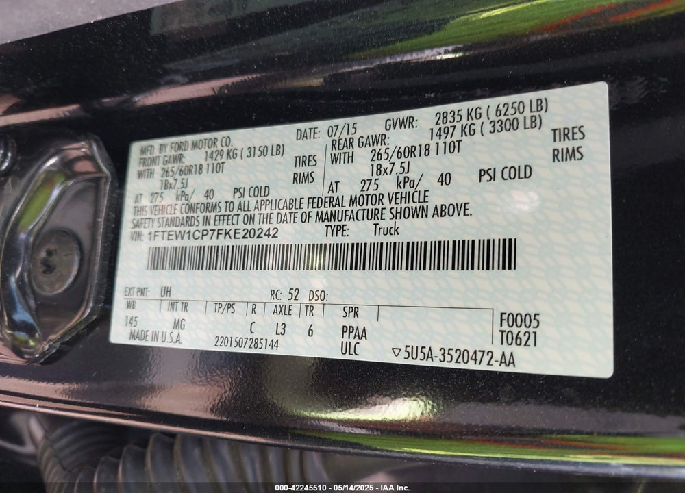 2015 FORD F-150 XLT VIN: 1FTEW1CP7FKE20242