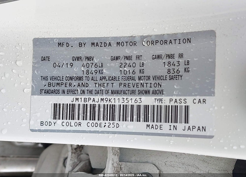 2019 MAZDA 3 VIN: JM1BPAJM9K1135163