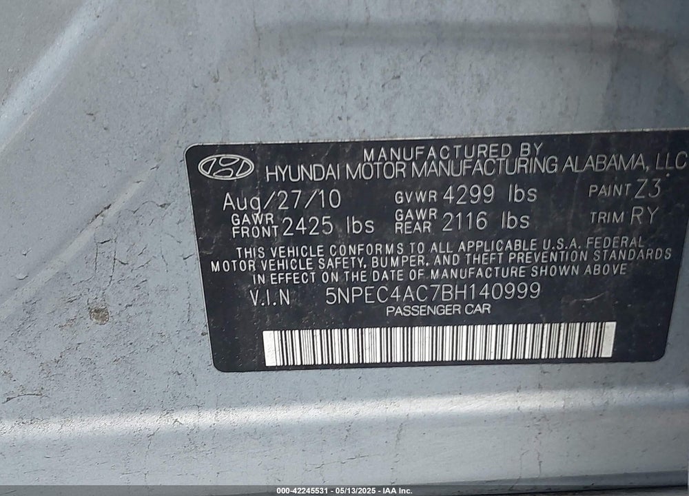 2011 HYUNDAI SONATA SE VIN: 5NPEC4AC7BH140999