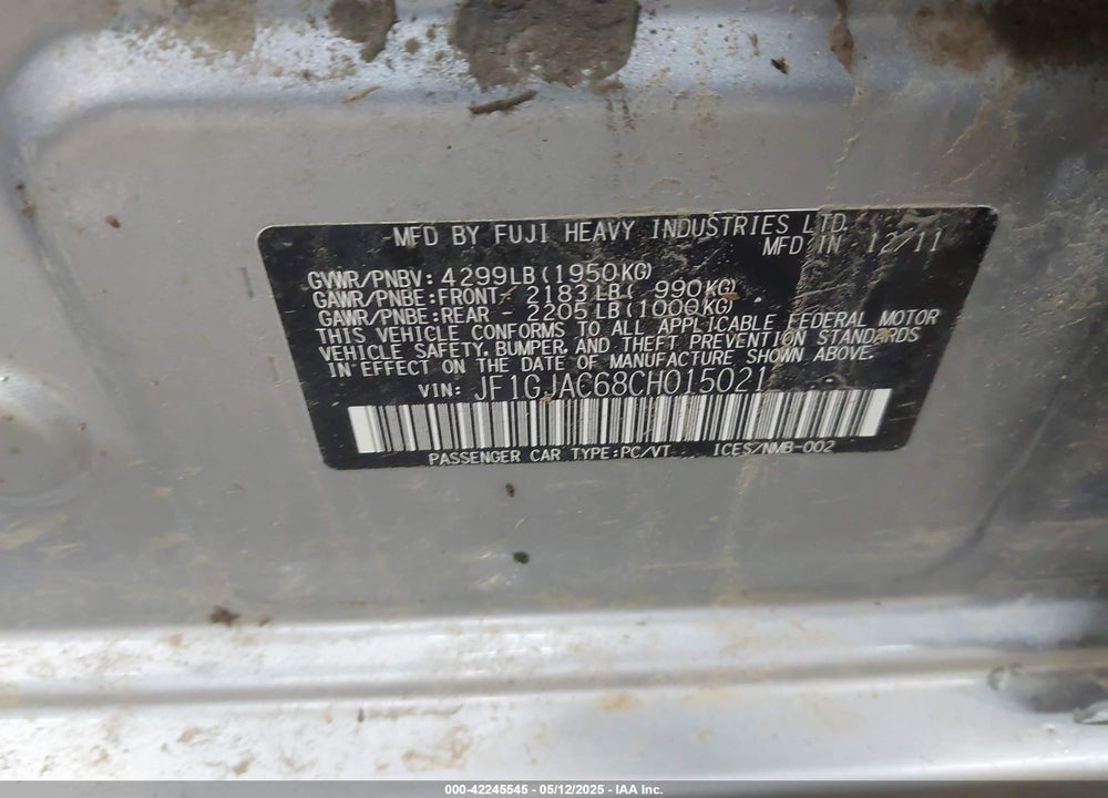 2012 SUBARU IMPREZA VIN: JF1GJAC68CH015021