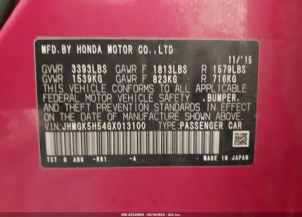 2016 HONDA FIT VIN: JHMGK5H54GX013100