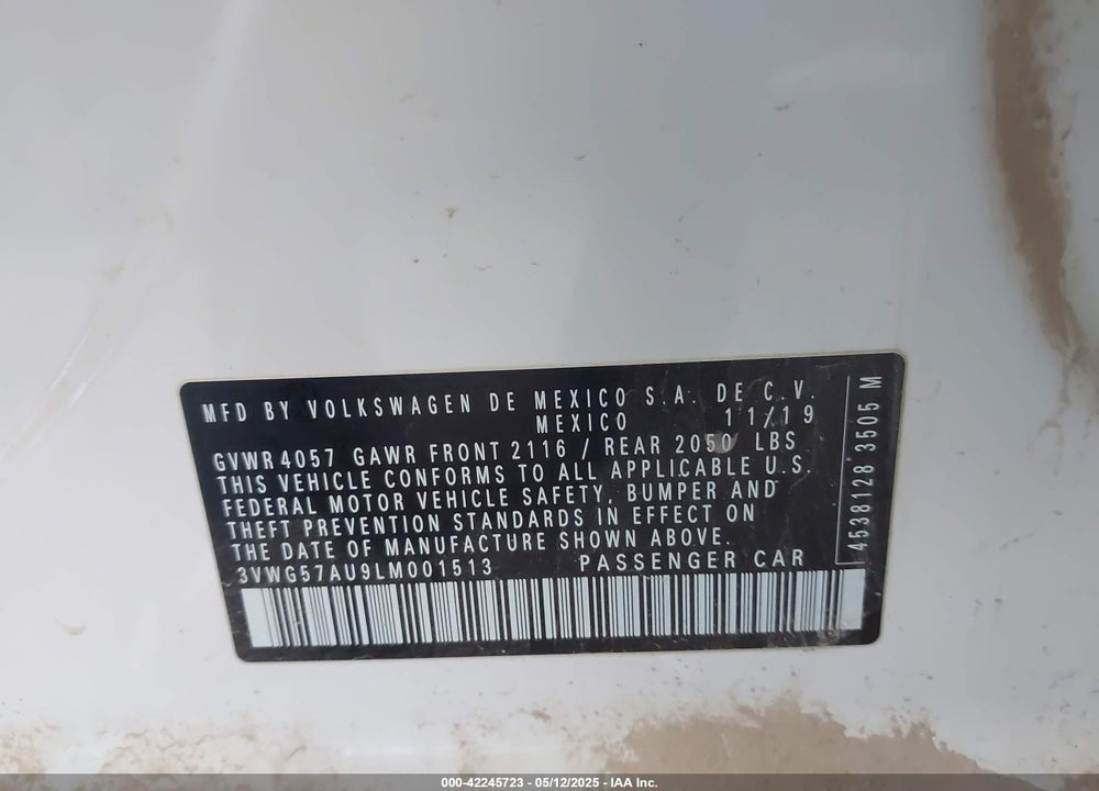 2020 VOLKSWAGEN GOLF VIN: 3VWG57AU9LM001513