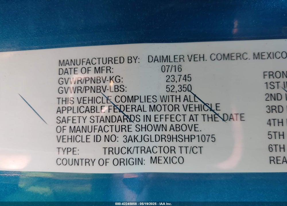 2017 FREIGHTLINER CASCADIA 125 VIN: 3AKJGLDR9HSHP1075