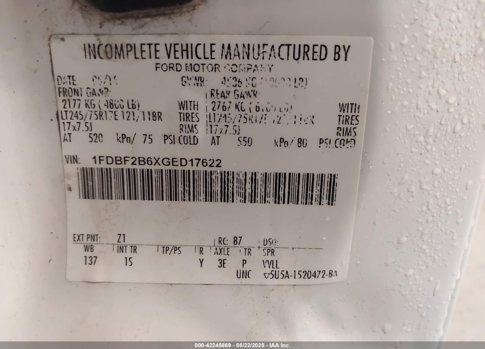 2016 FORD F-250 VIN: 1FDBF2B6XGED17622