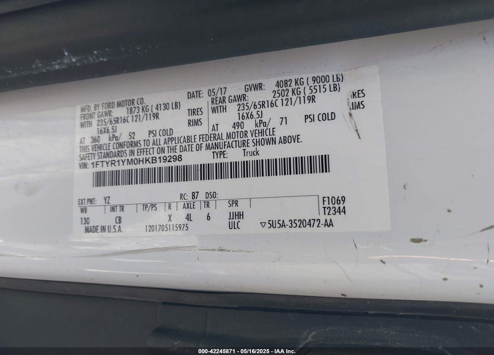 2017 FORD TRANSIT-250 VIN: 1FTYR1YM0HKB19298