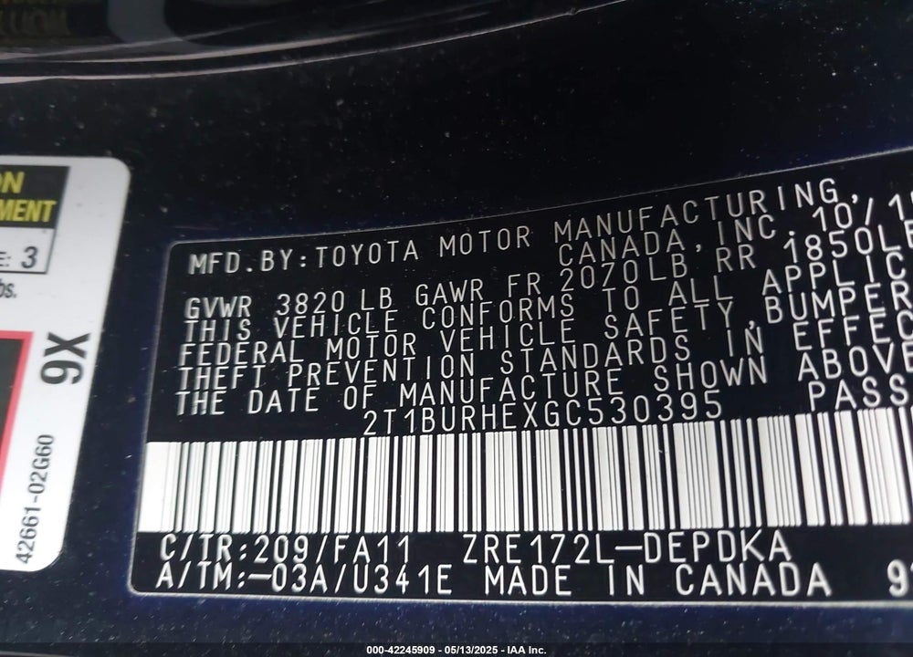 2016 TOYOTA COROLLA L VIN: 2T1BURHEXGC530395