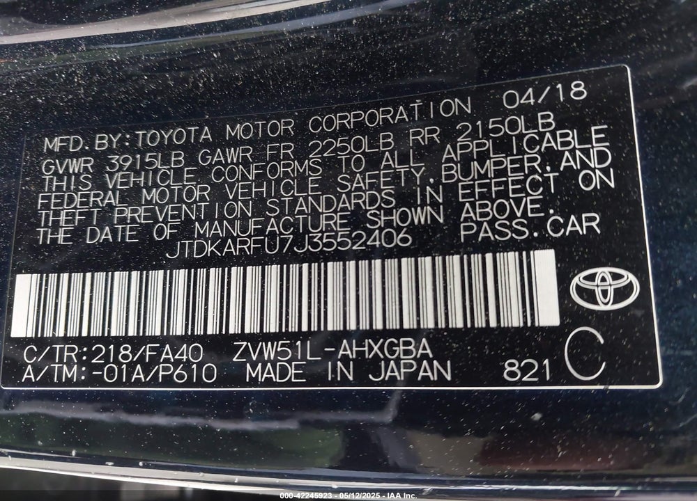 2018 TOYOTA PRIUS VIN: JTDKARFU7J3552406