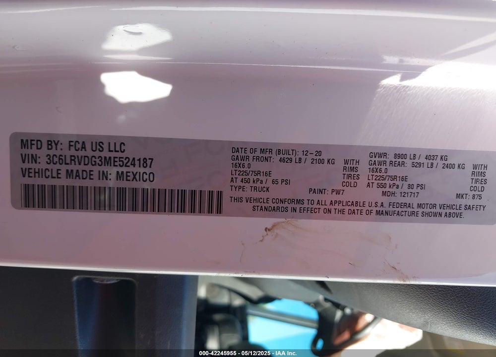 2021 RAM PROMASTER 2500 HIGH ROOF 159 WB VIN: 3C6LRVDG3ME524187