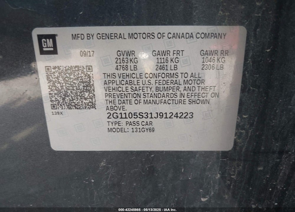 2018 CHEVROLET IMPALA 1LT VIN: 2G1105S31J9124223