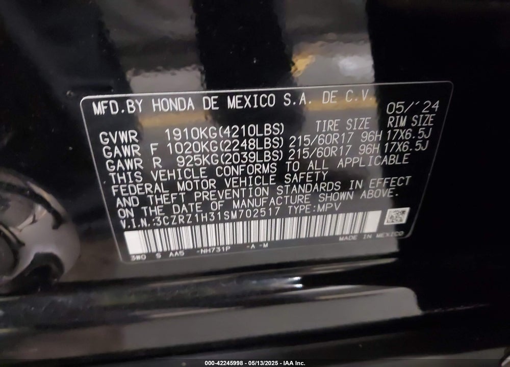 2025 HONDA HR-V VIN: 3CZRZ1H31SM702517