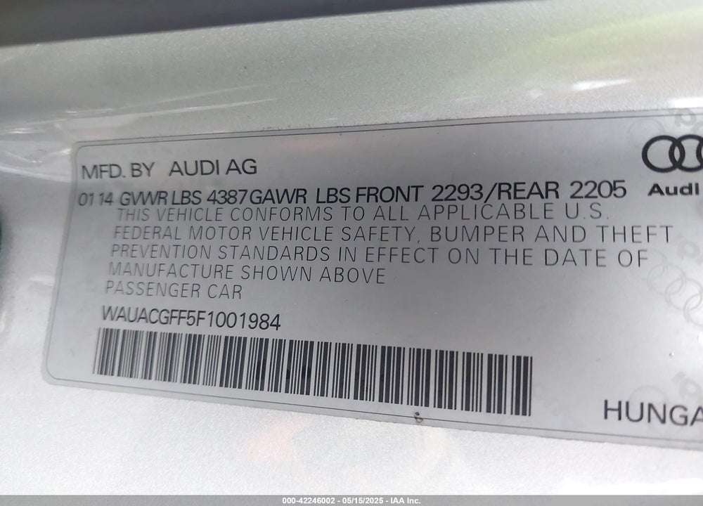 2015 AUDI A3 1.8T PREMIUM VIN: WAUACGFF5F1001984
