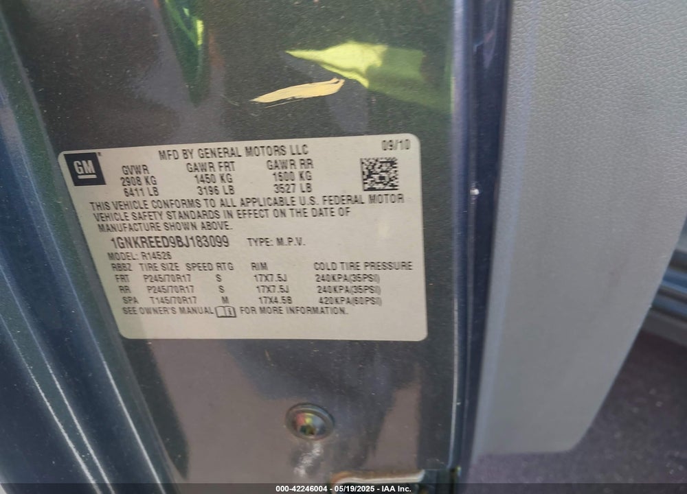 2011 CHEVROLET TRAVERSE VIN: 1GNKREED9BJ183099