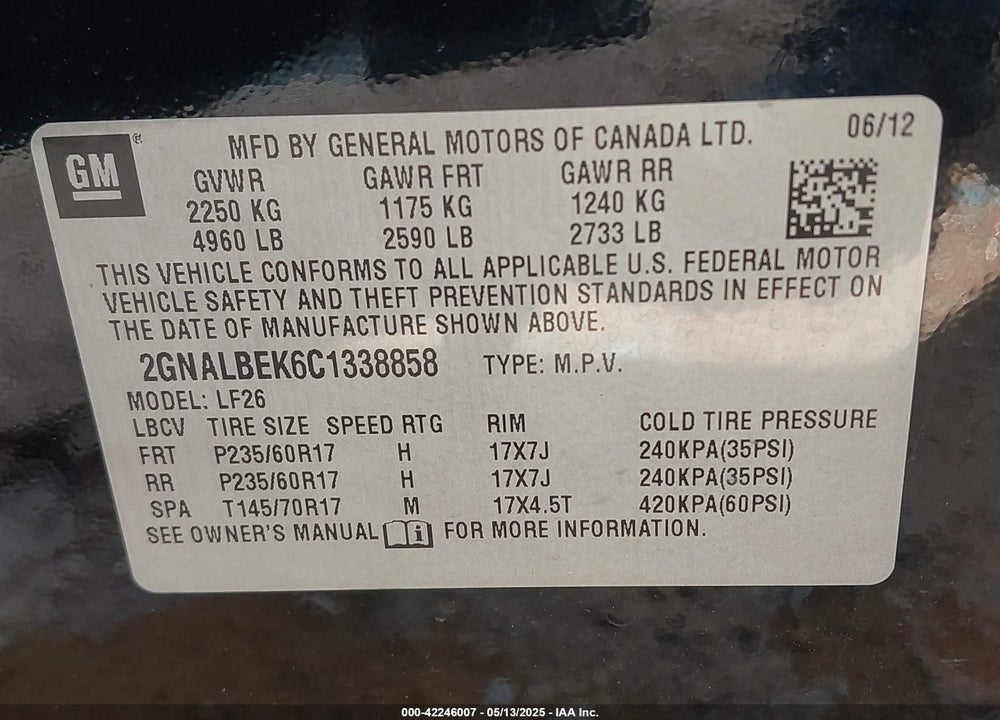 2012 CHEVROLET EQUINOX LS VIN: 2GNALBEK6C1338858