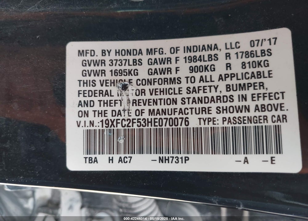 2017 HONDA CIVIC LX VIN: 19XFC2F53HE070076