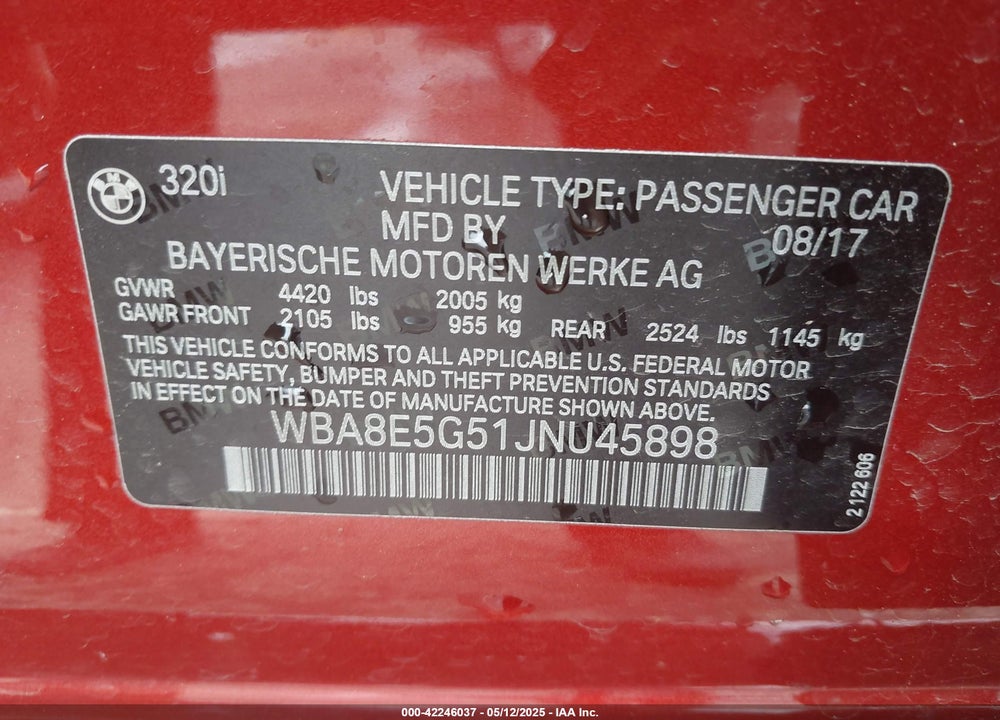 2018 BMW 320I VIN: WBA8E5G51JNU45898