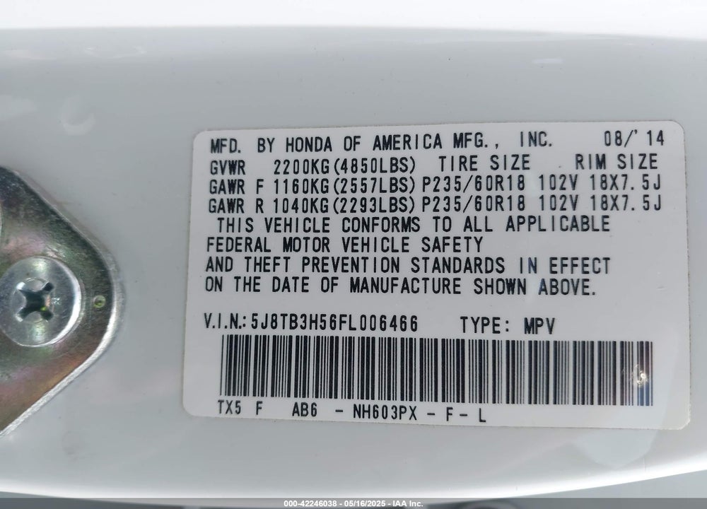 2015 ACURA RDX VIN: 5J8TB3H56FL006466