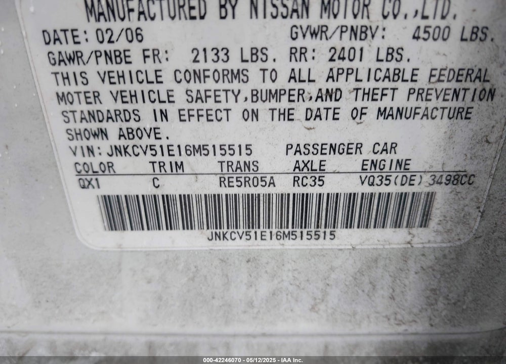 2006 INFINITI G35 VIN: JNKCV51E16M515515
