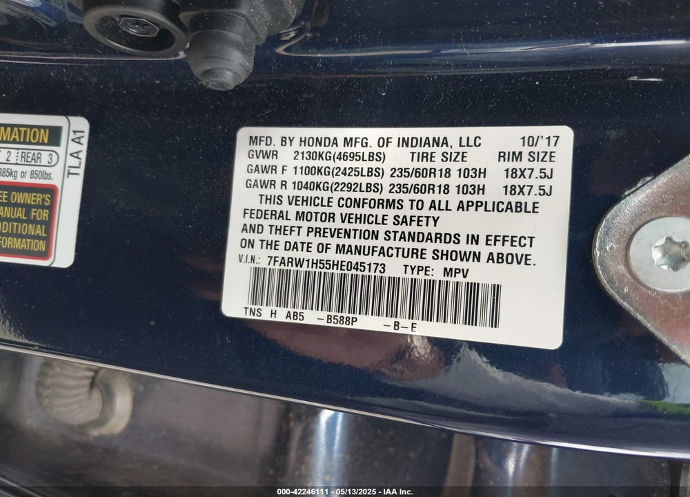 2017 HONDA CR-V EX VIN: 7FARW1H55HE045173