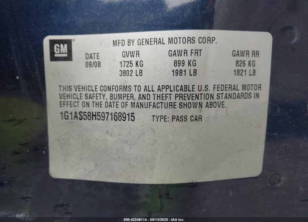 2009 CHEVROLET COBALT VIN: 1G1AS58H597168915