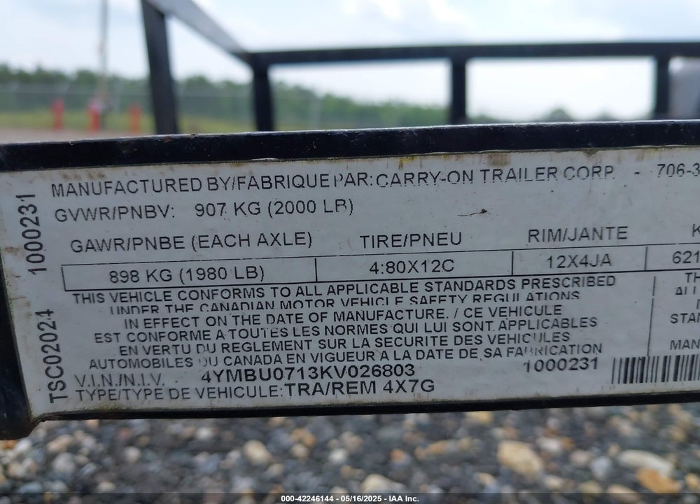 2019 CARR TRAILER VIN: 4YMBU0713KV026803