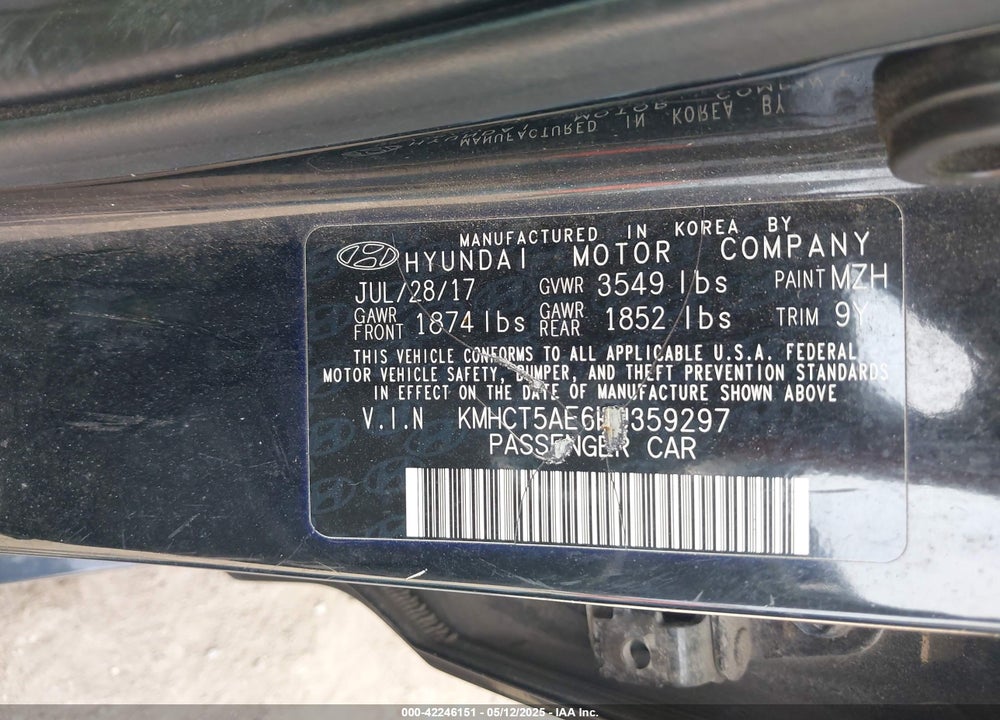 2017 HYUNDAI ACCENT SE VIN: KMHCT5AE6HU359297