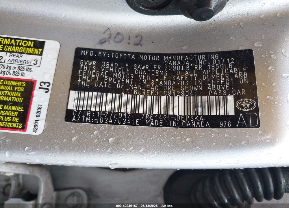 2012 TOYOTA COROLLA S VIN: 2T1BU4EE3CC842804